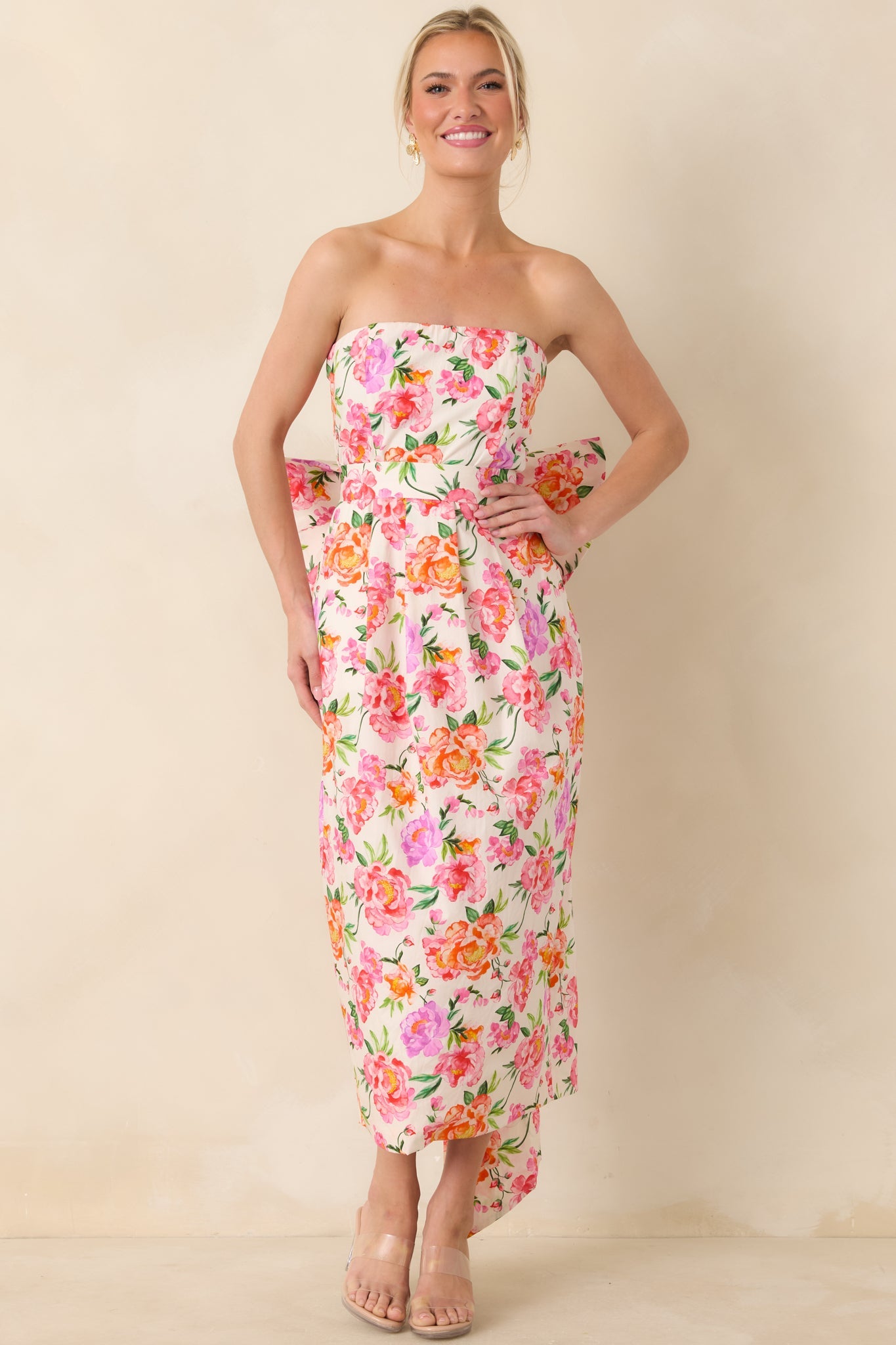 Prosperina Lisette Pink Multi Floral Cotton Strapless Midi Dress