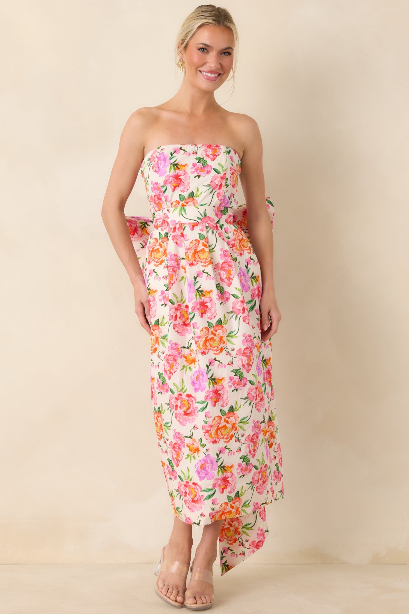 Prosperina Lisette Pink Multi Floral Cotton Strapless Midi Dress