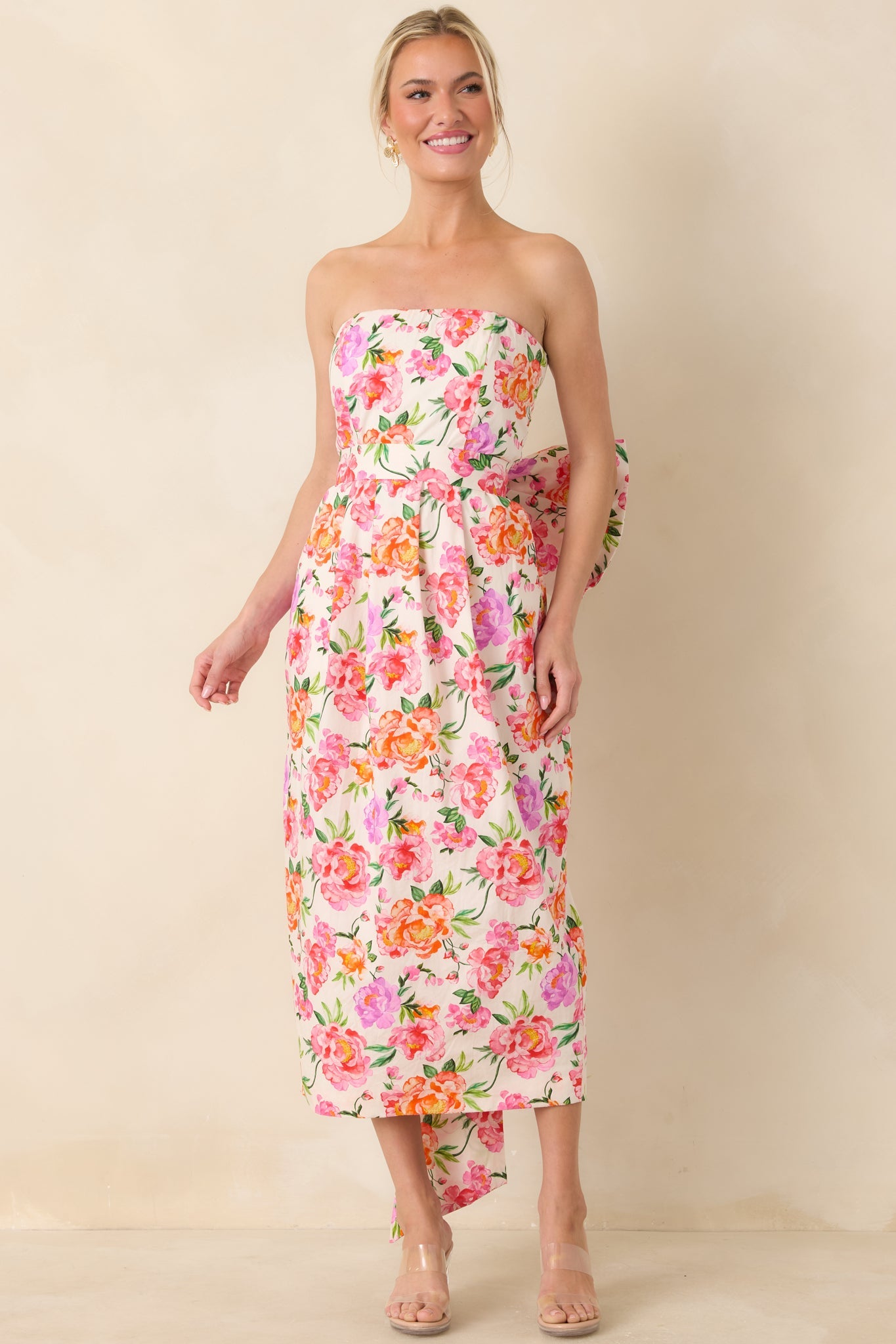 Prosperina Lisette Pink Multi Floral Cotton Strapless Midi Dress