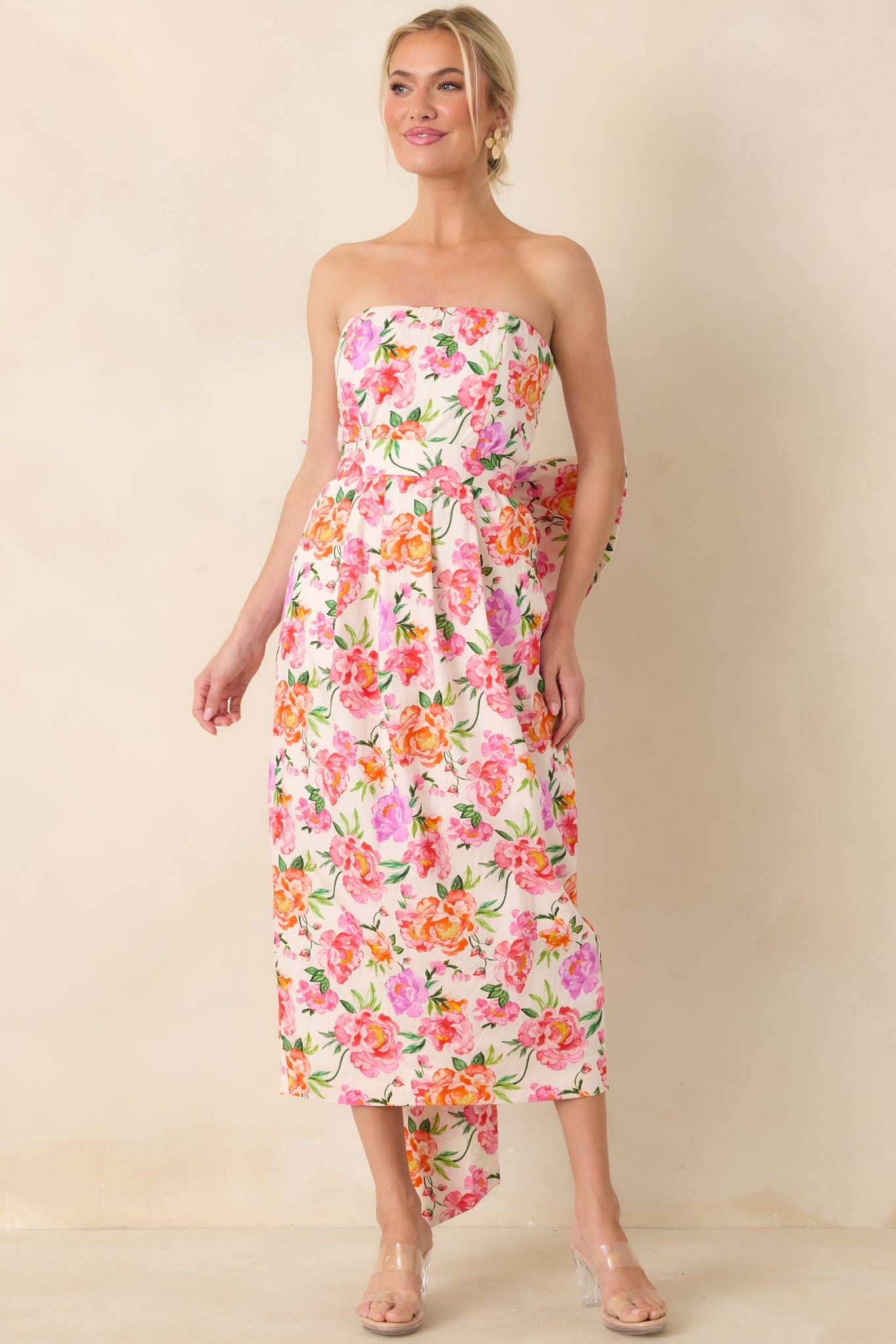 Prosperina Lisette Pink Multi Floral Cotton Strapless Midi Dress