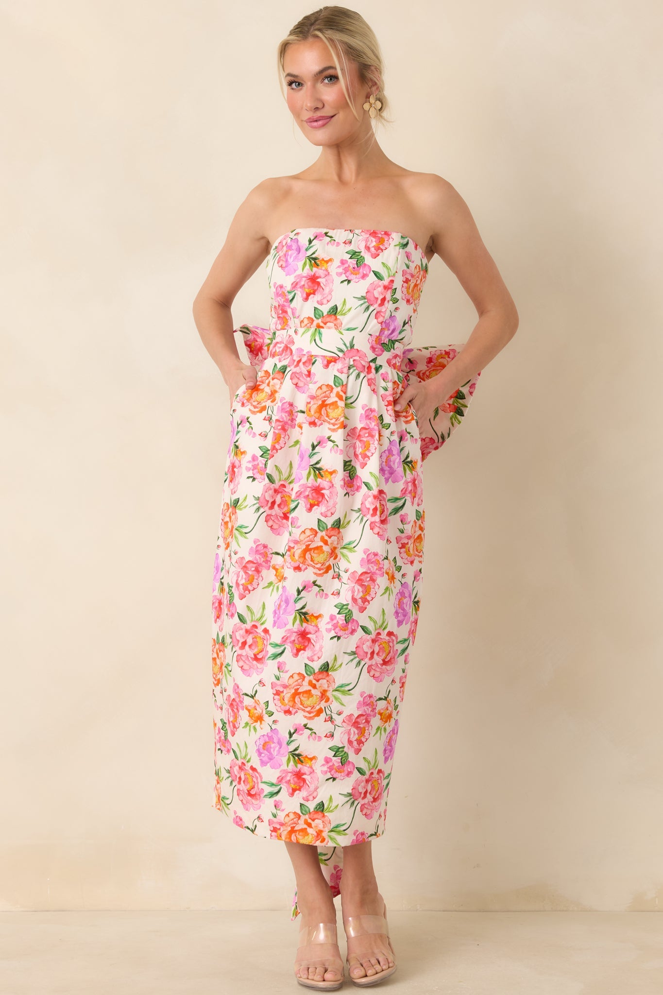 Prosperina Lisette Pink Multi Floral Cotton Strapless Midi Dress
