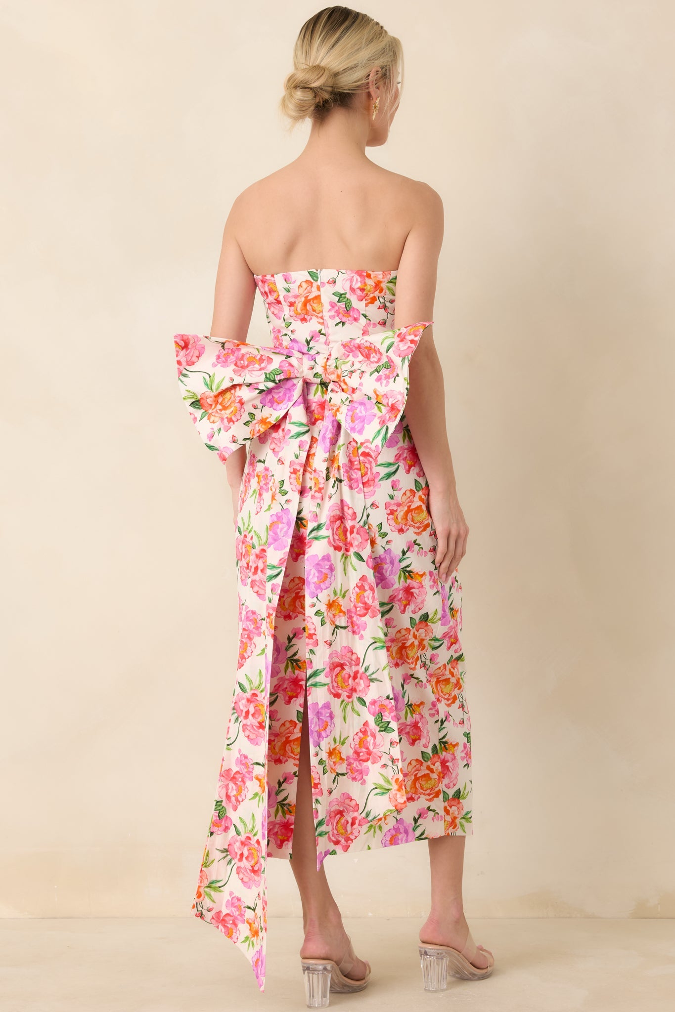 Prosperina Lisette Pink Multi Floral Cotton Strapless Midi Dress