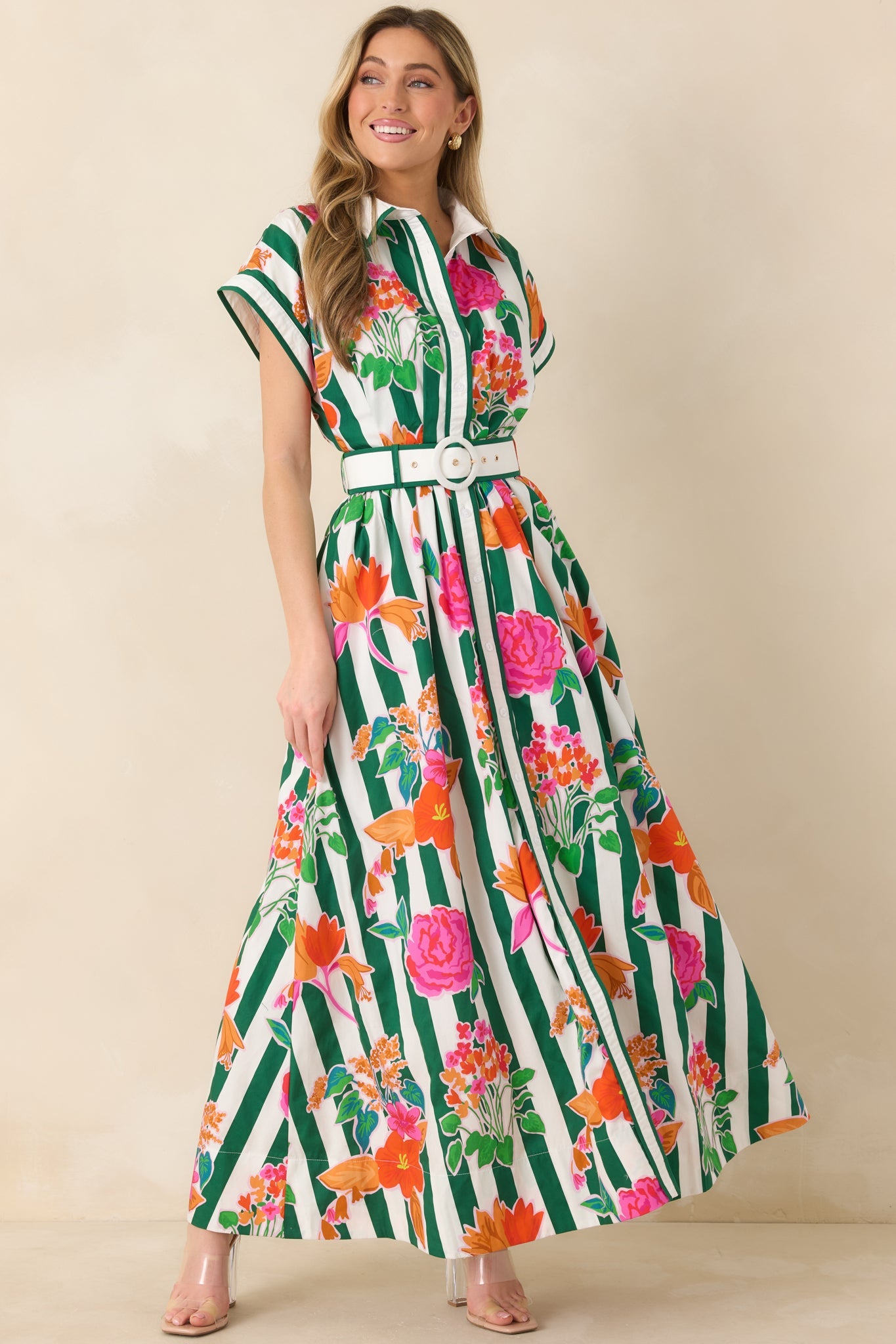Prosperina Jocelyn Green Multi Floral Stripe Cotton Maxi Dress