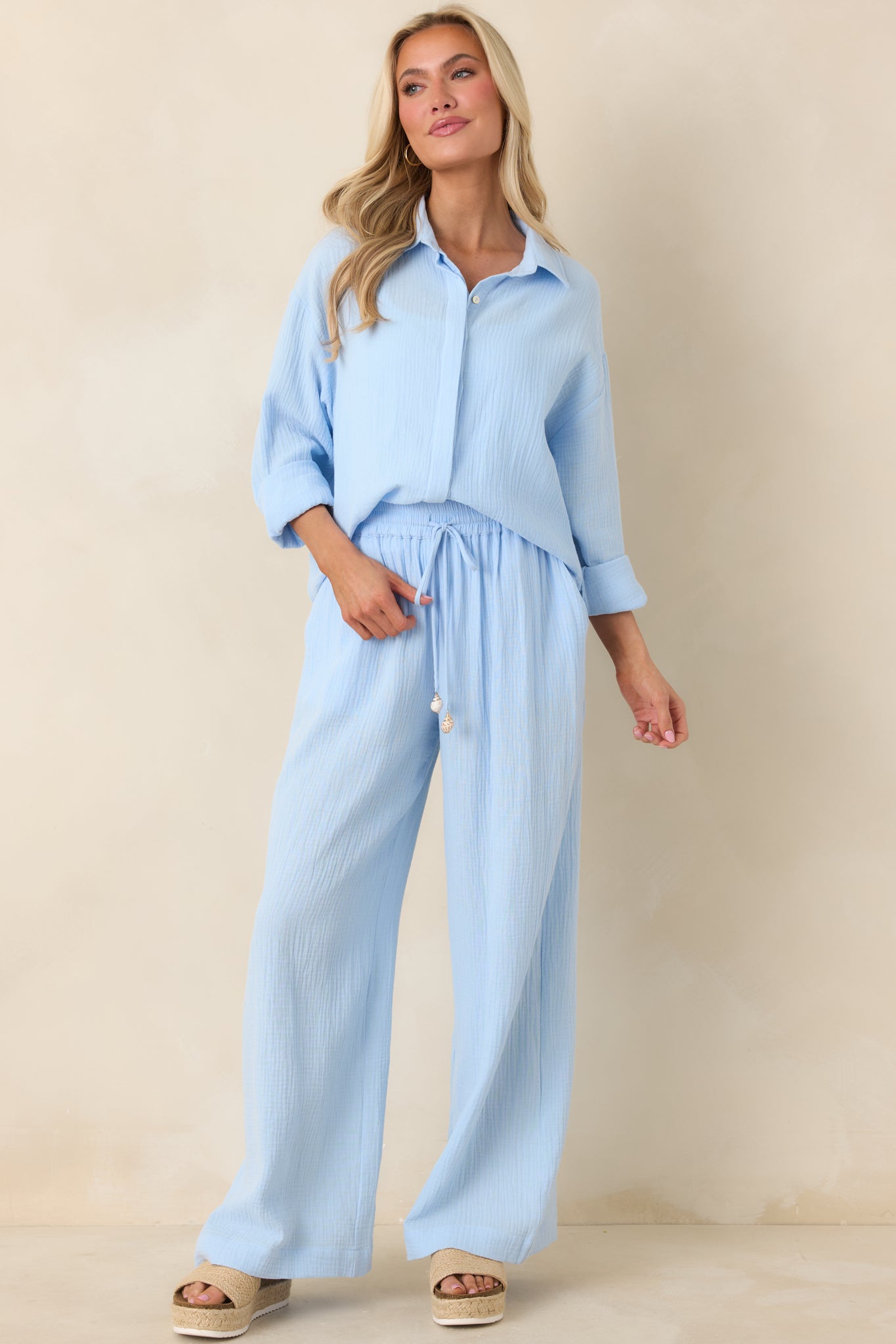 Paradisa Naples Oceana Blue Cotton Button-Up Top