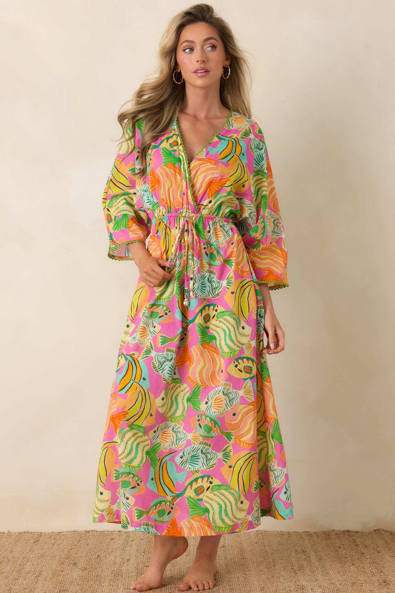 Paradisa Cabana Pink Multi Cotton Fish Print Caftan Dress