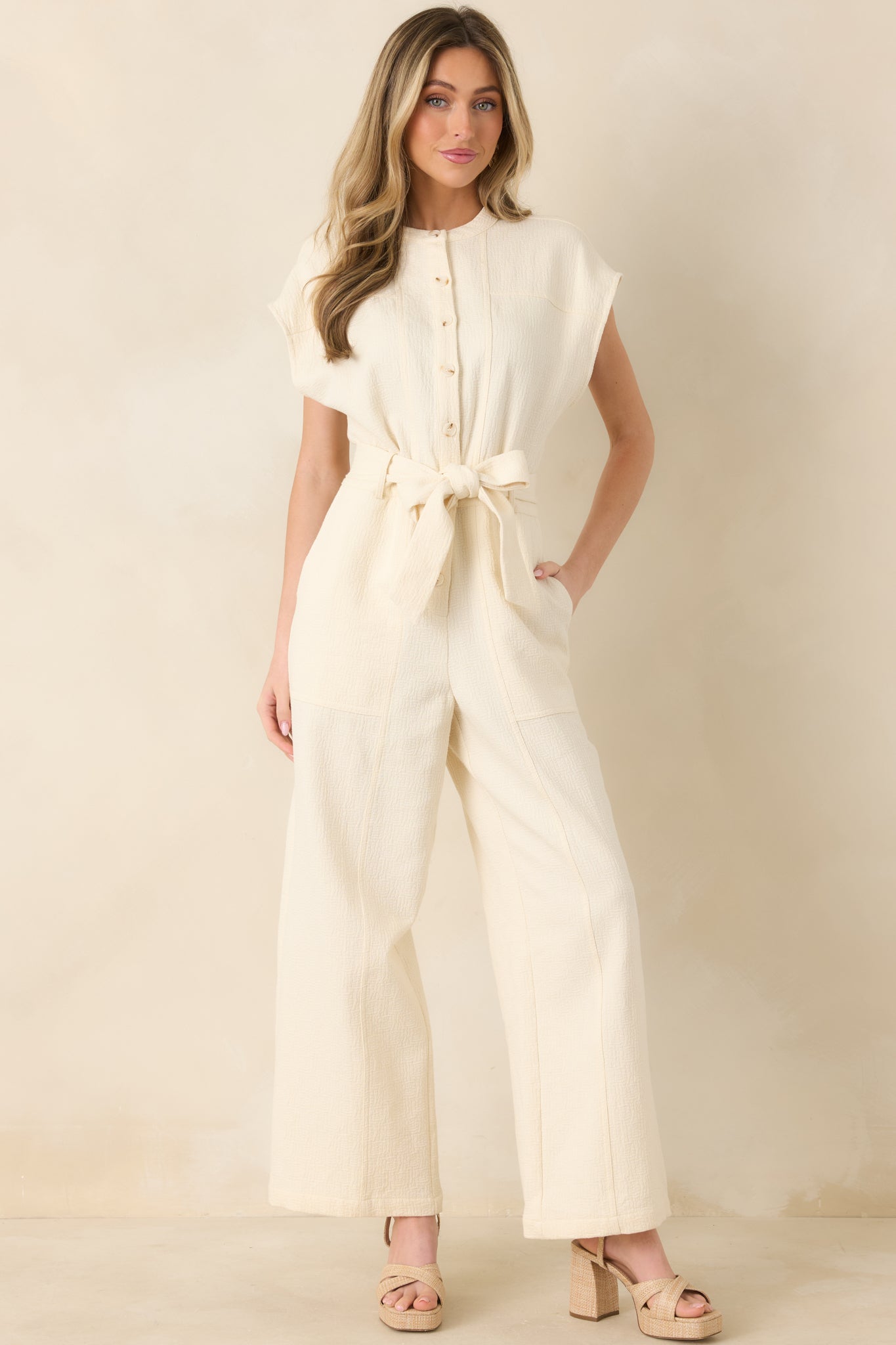 FRNCH Celestia Ivory Textured Cotton Jumpsuit
