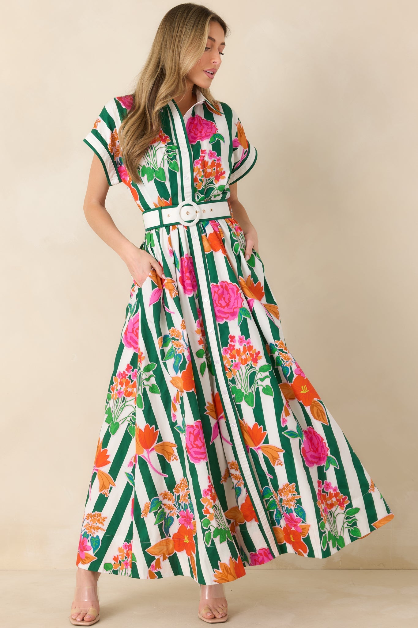 Prosperina Jocelyn Green Multi Floral Stripe Cotton Maxi Dress