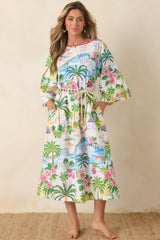 Paradisa Sarasota Pink Multi Cotton Linen Poolside Print Caftan Dress