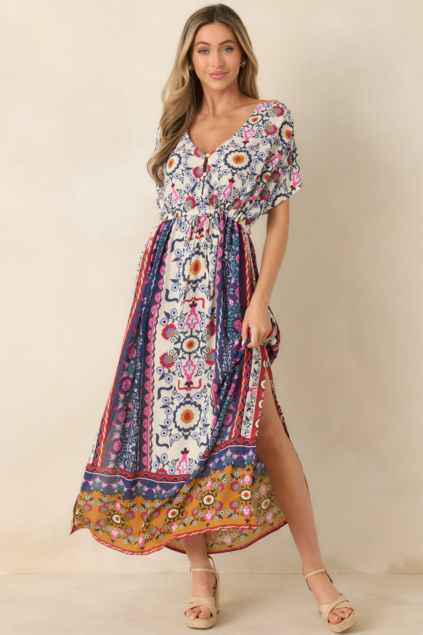 Drawn To The Horizon Navy Multi Print Short Sleeve Maxi Dress