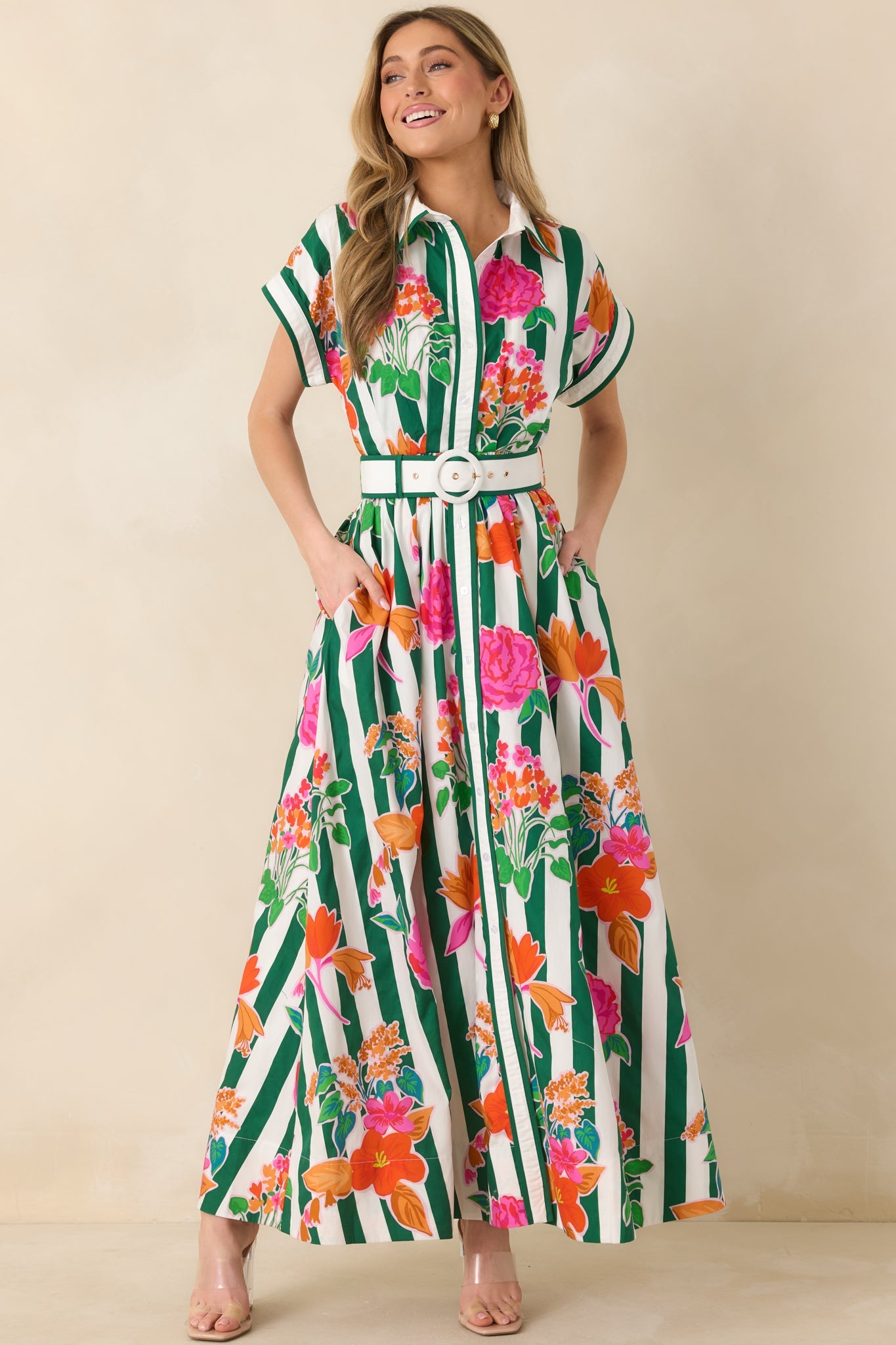 Prosperina Jocelyn Green Multi Floral Stripe Cotton Maxi Dress