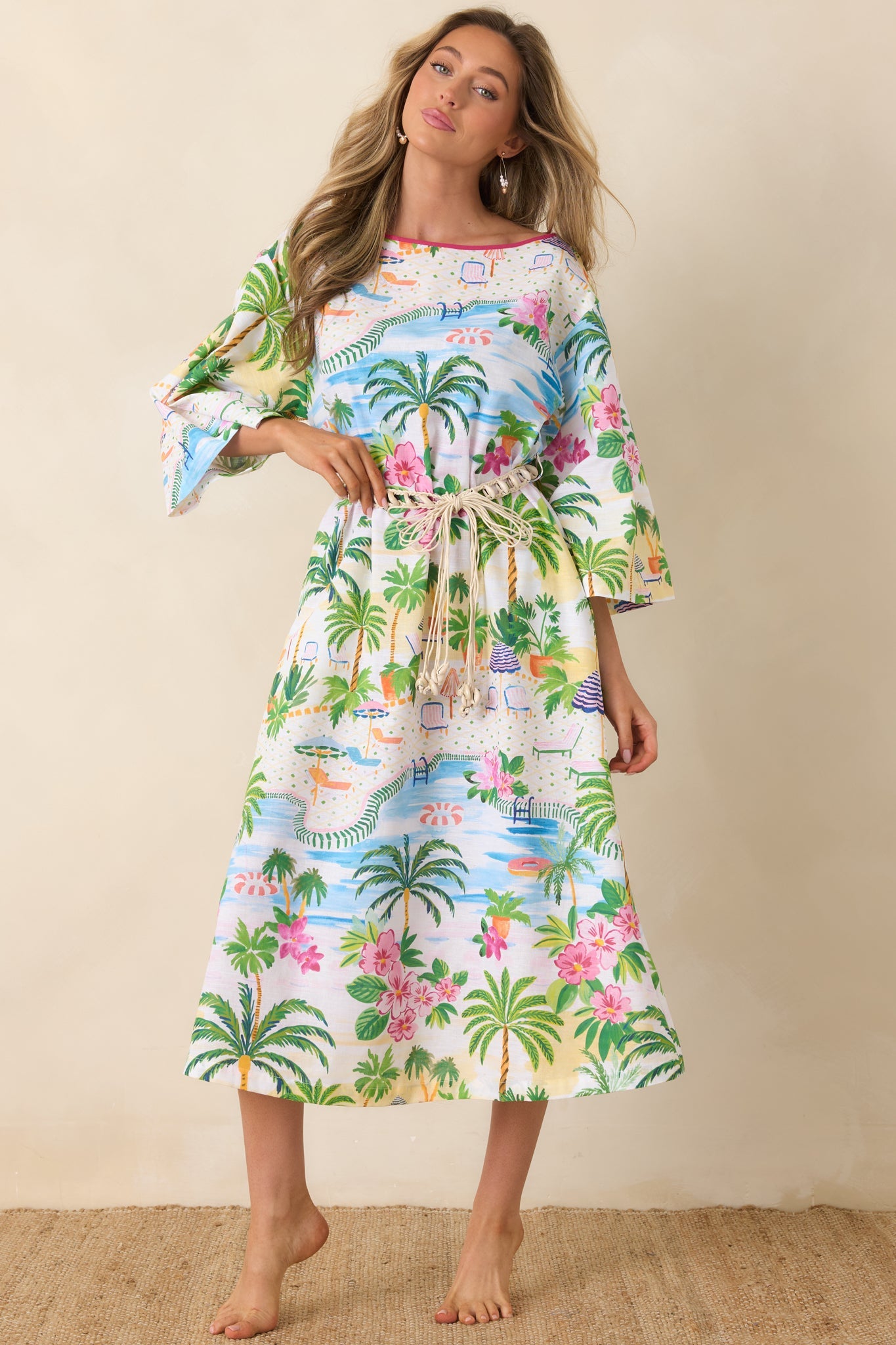 Paradisa Sarasota Pink Multi Cotton Linen Poolside Print Caftan Dress