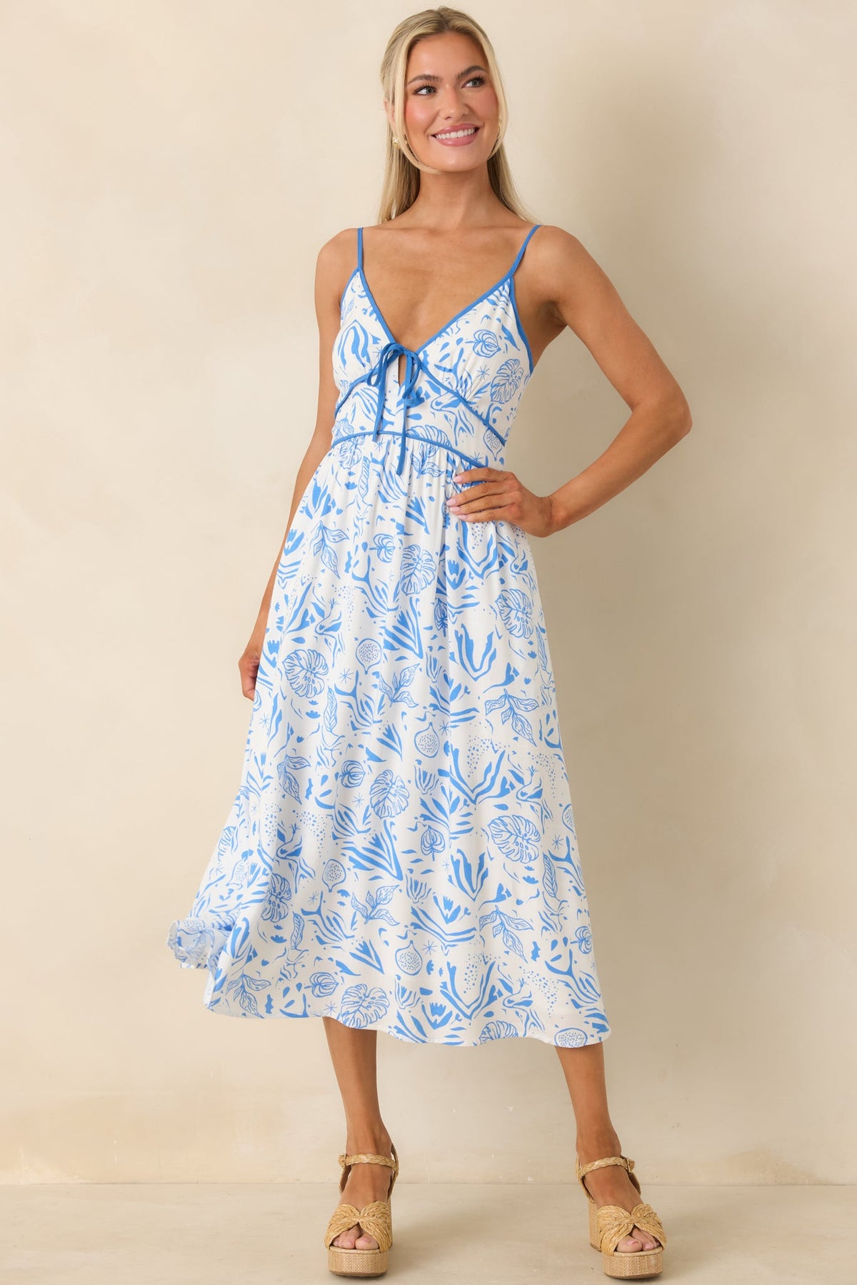 Drifting With The Wind Blue Tropical Print Midi Dress