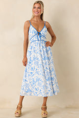 Drifting With The Wind Blue Tropical Print Midi Dress