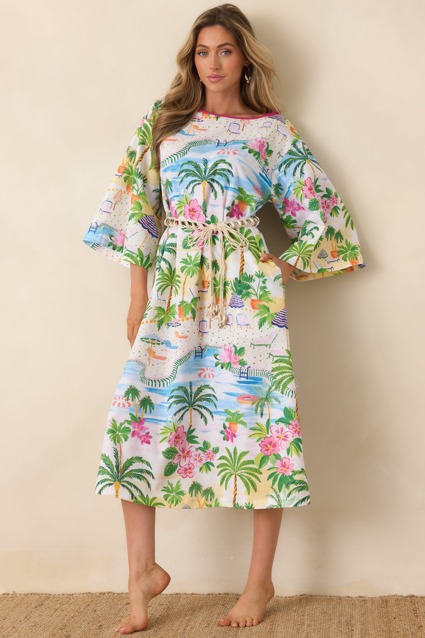 Paradisa Sarasota Pink Multi Cotton Linen Poolside Print Caftan Dress