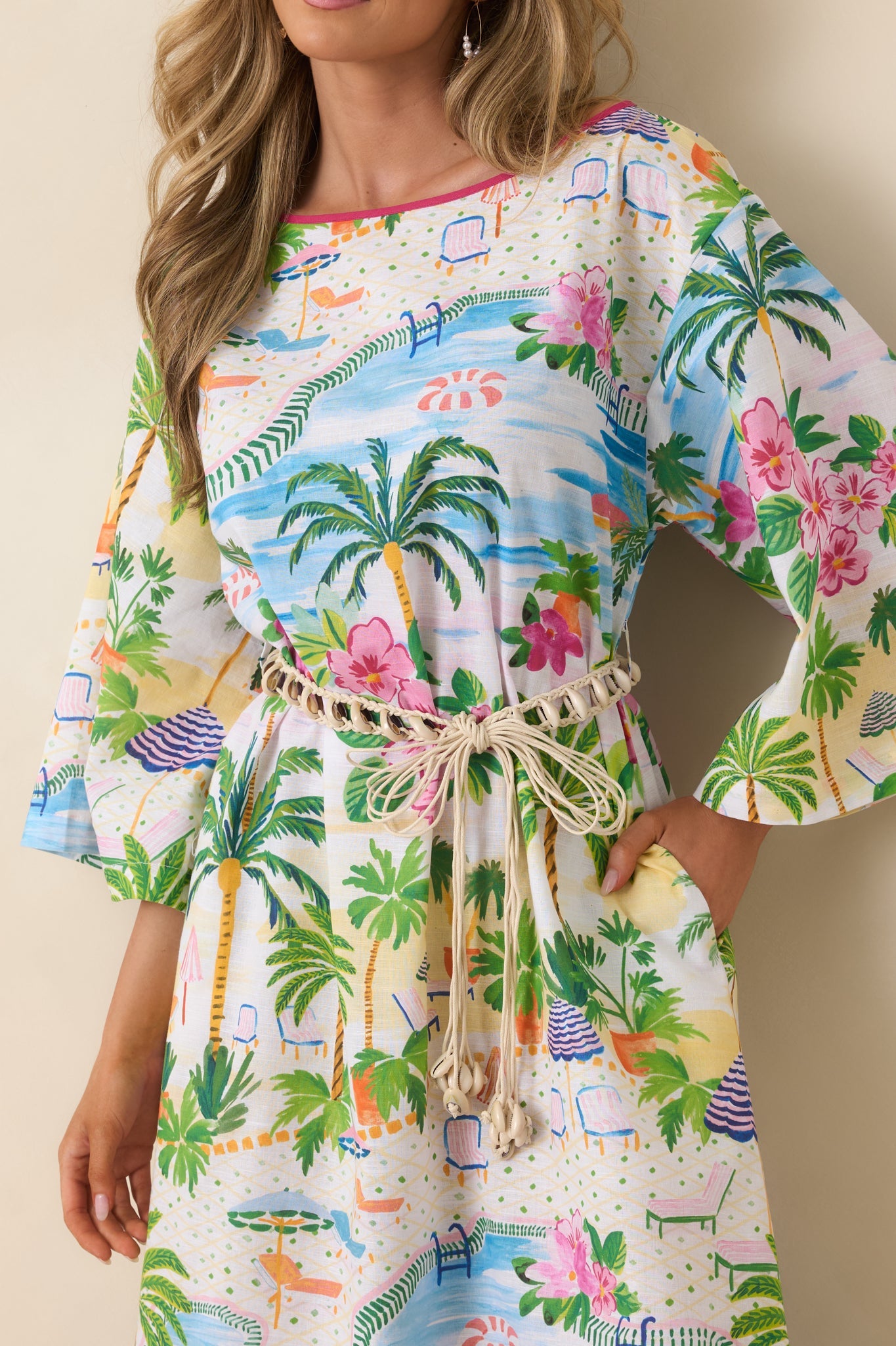 Paradisa Sarasota Pink Multi Cotton Linen Poolside Print Caftan Dress
