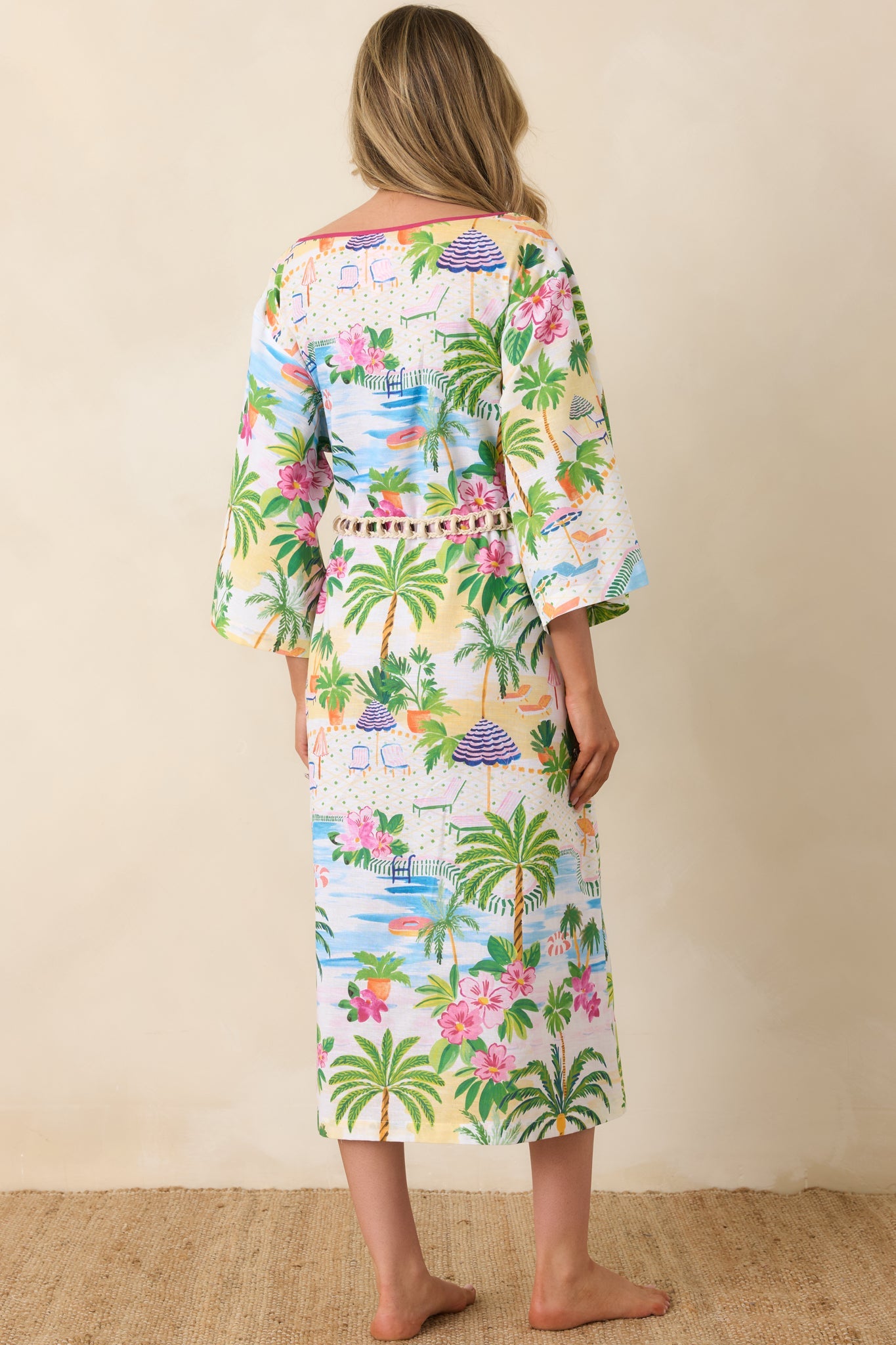 Paradisa Sarasota Pink Multi Cotton Linen Poolside Print Caftan Dress