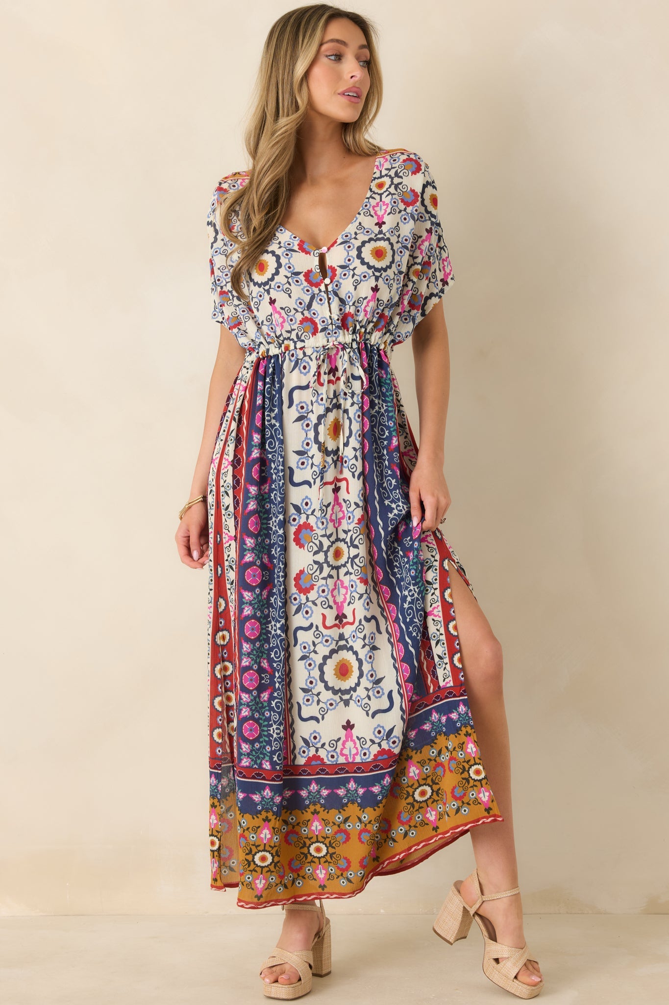 Drawn To The Horizon Navy Multi Print Short Sleeve Maxi Dress