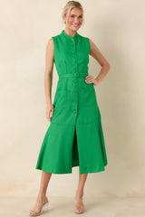 Prosperina Rowan Green Sleeveless Button Front Midi Dress