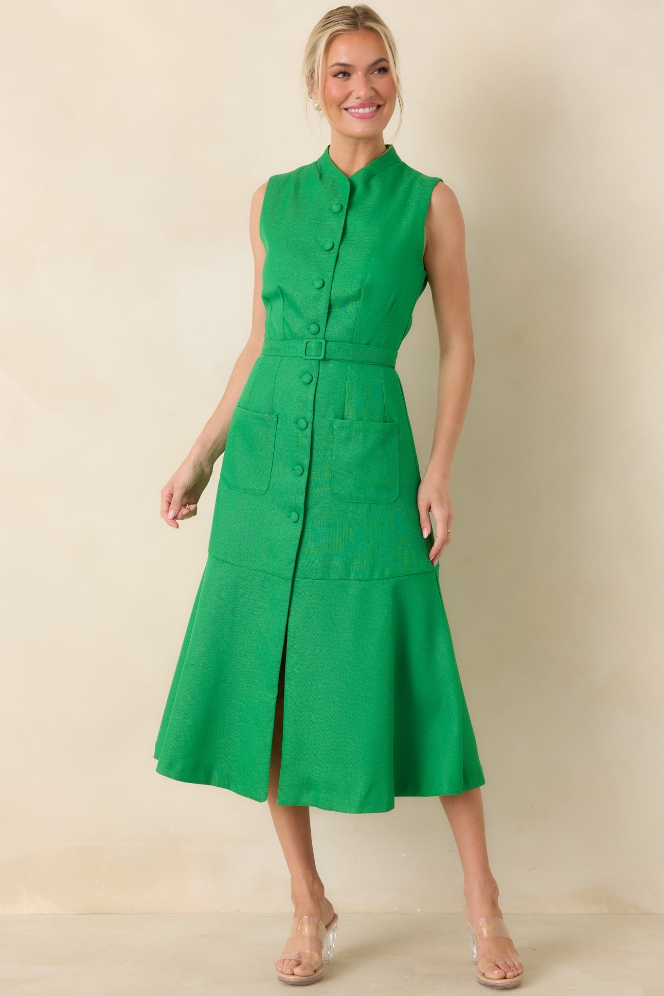 Prosperina Rowan Green Sleeveless Button Front Midi Dress