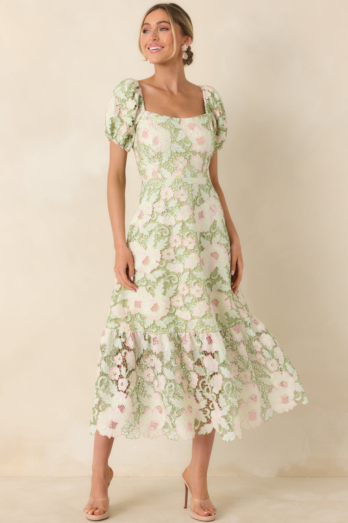 Garden Waltz Green & Pink Floral Lace Tie Back Midi Dress