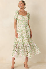 Garden Waltz Green & Pink Floral Lace Tie Back Midi Dress