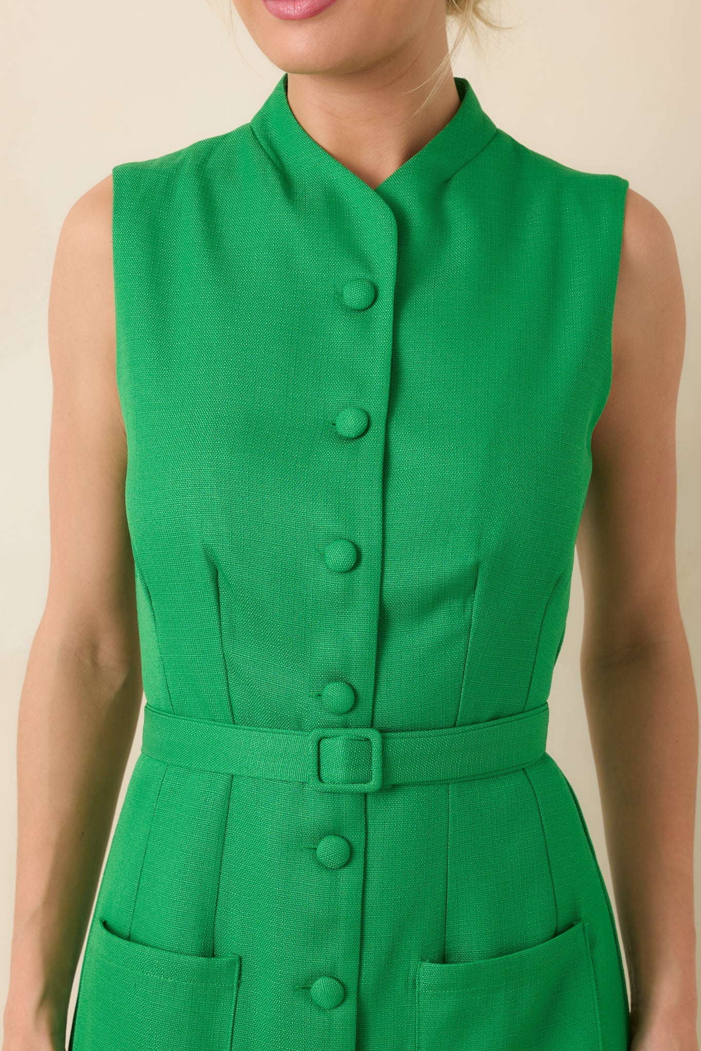 Prosperina Rowan Green Sleeveless Button Front Midi Dress
