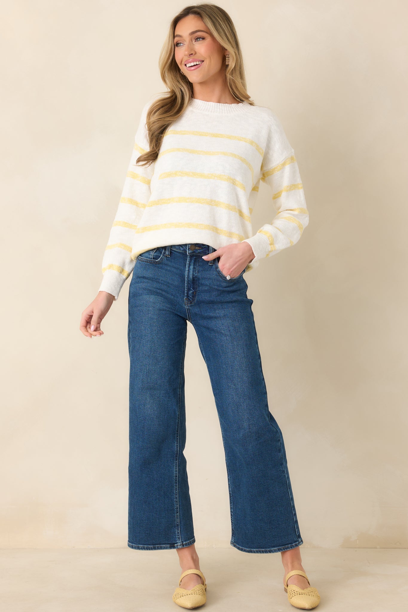 My Day Off Ivory & Yellow Cotton Stripe Sweater