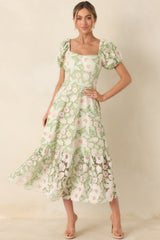 Garden Waltz Green & Pink Floral Lace Tie Back Midi Dress