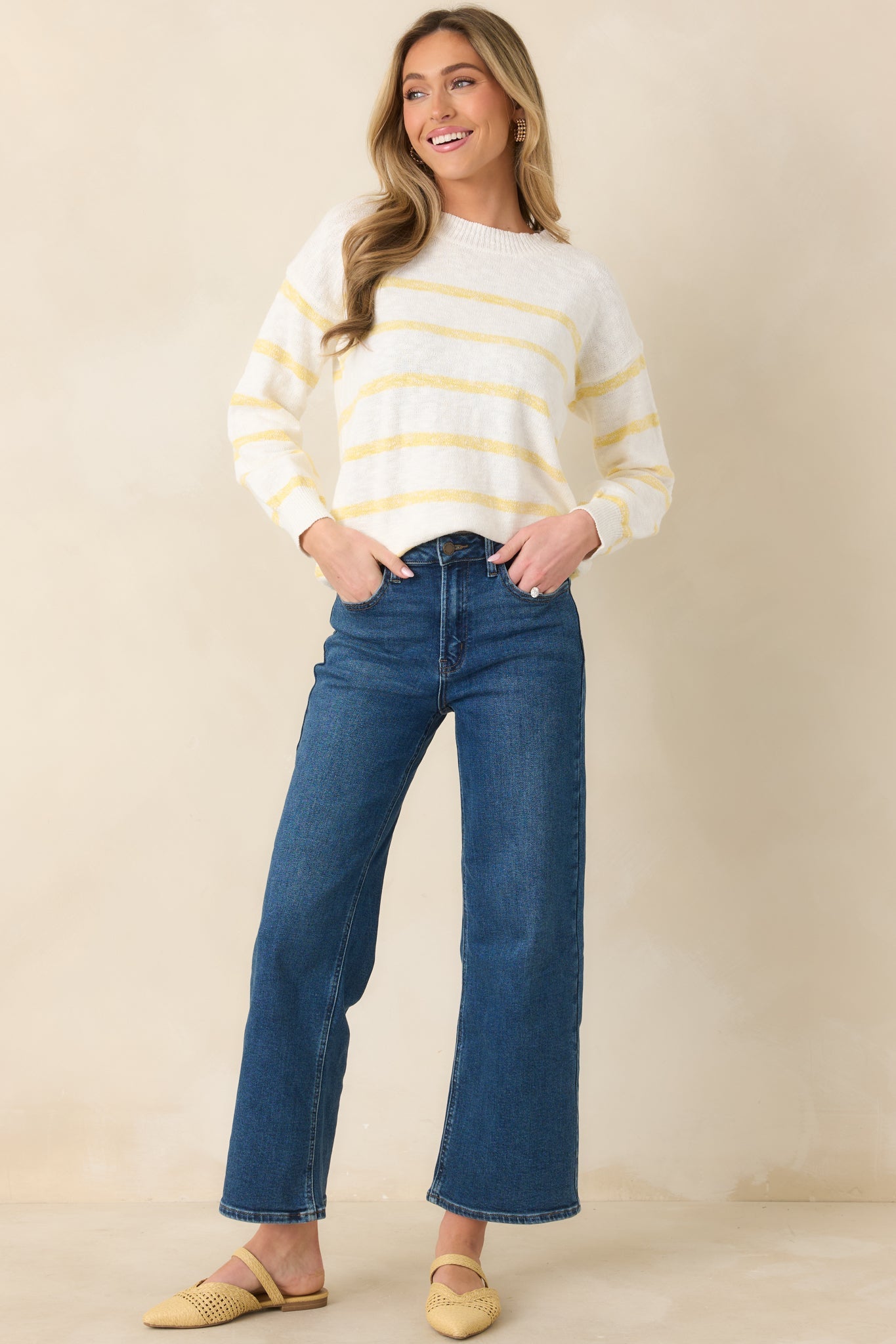 My Day Off Ivory & Yellow Cotton Stripe Sweater