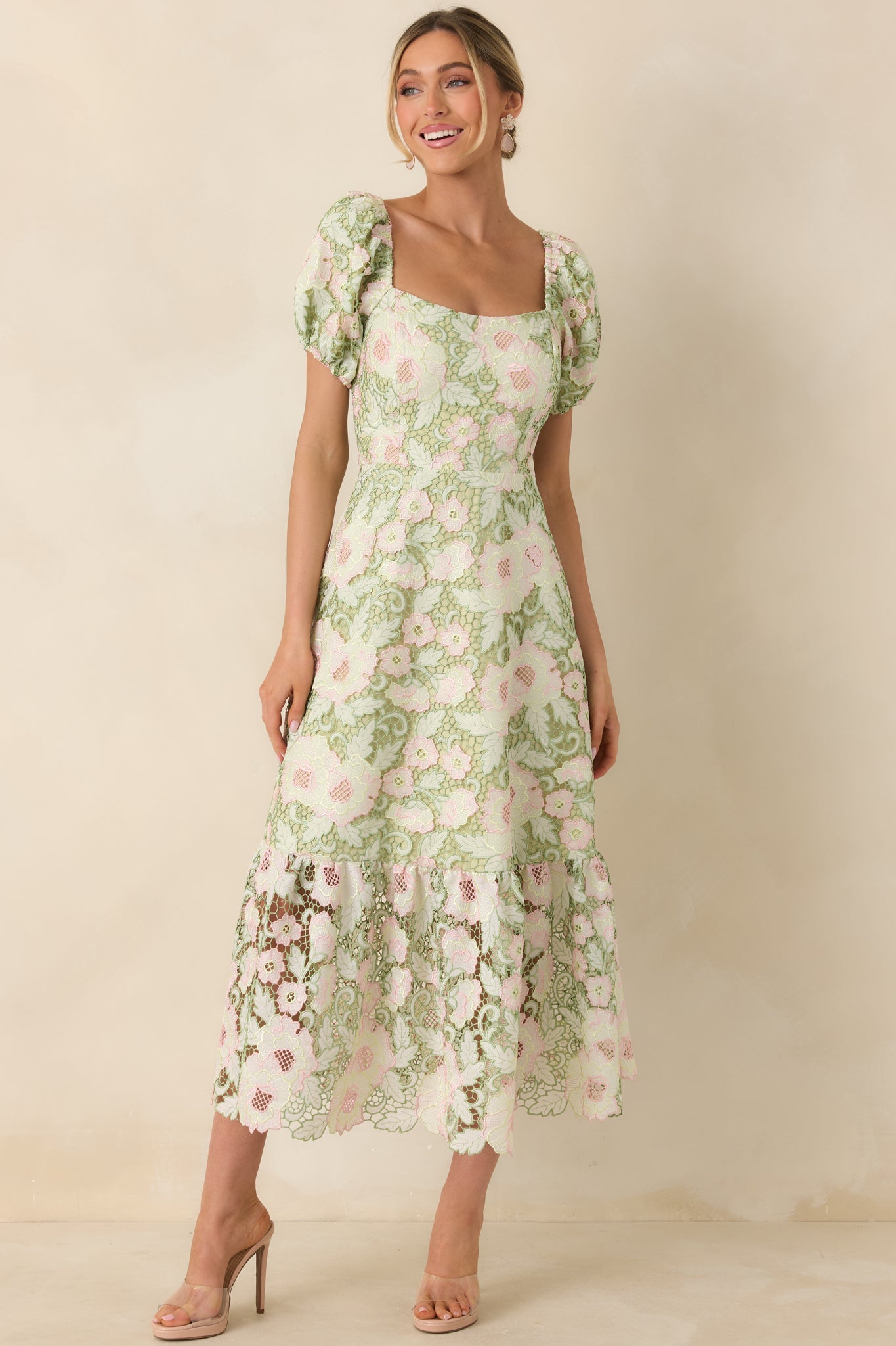 Garden Waltz Green & Pink Floral Lace Tie Back Midi Dress