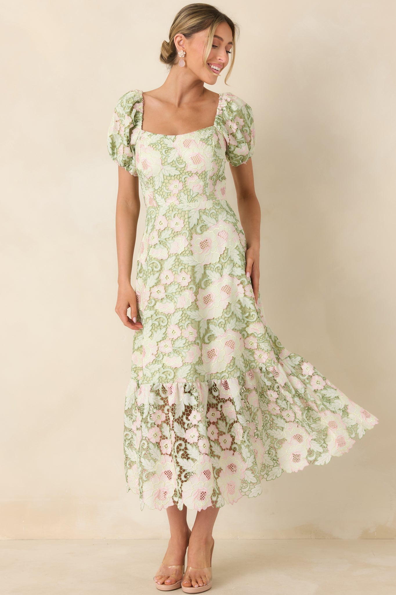 Garden Waltz Green & Pink Floral Lace Tie Back Midi Dress