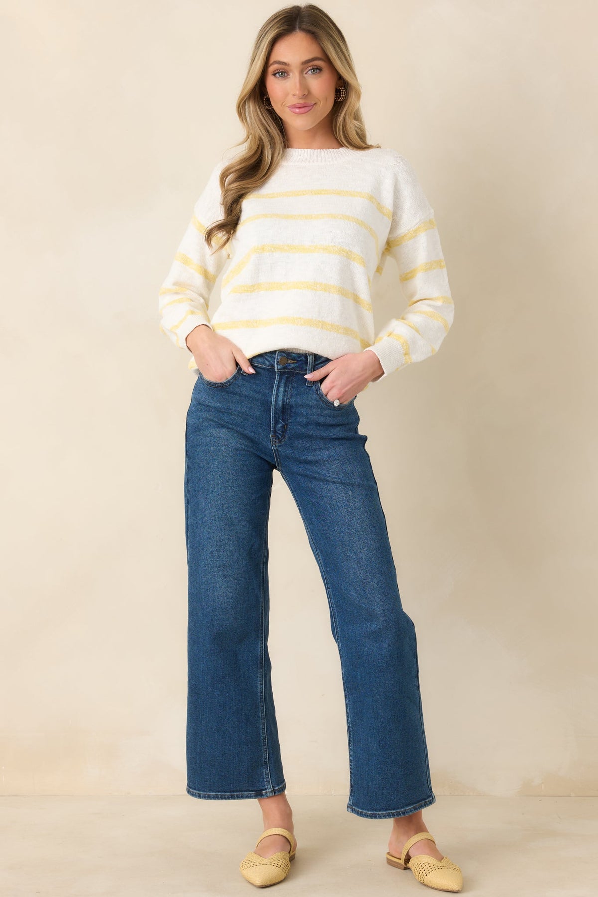 My Day Off Ivory & Yellow Cotton Stripe Sweater
