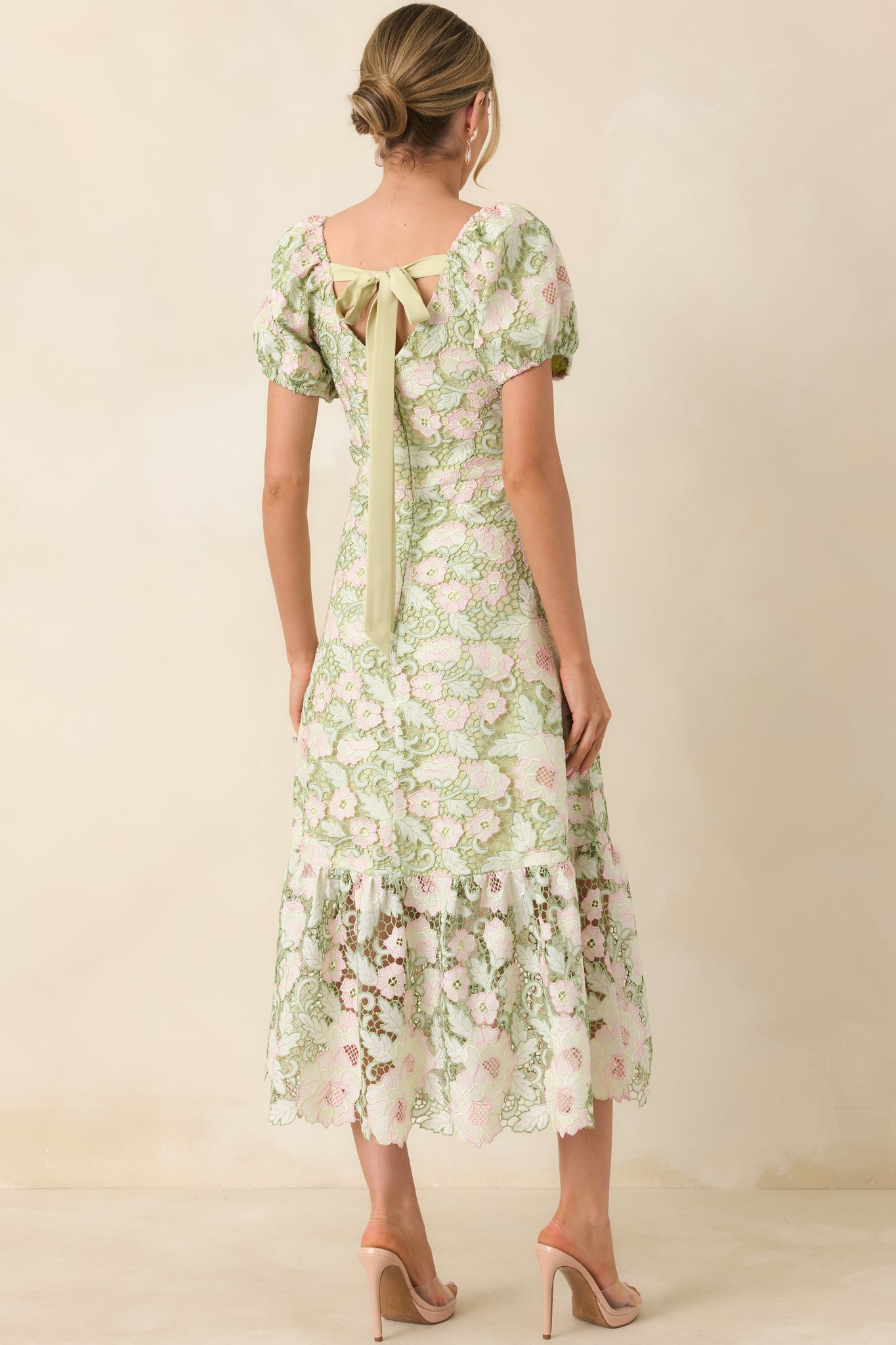 Garden Waltz Green & Pink Floral Lace Tie Back Midi Dress