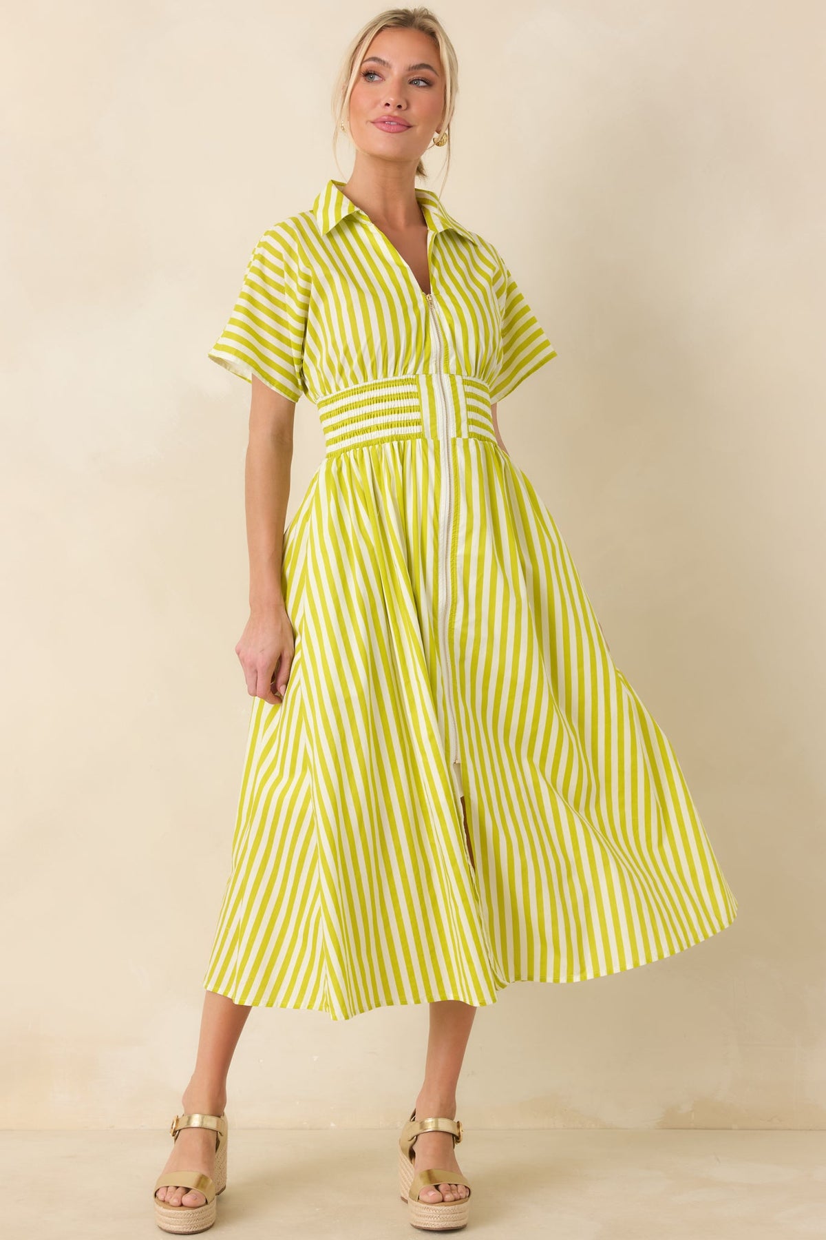 Put It in Motion Chartreuse Green Stripe Cotton Midi Dress