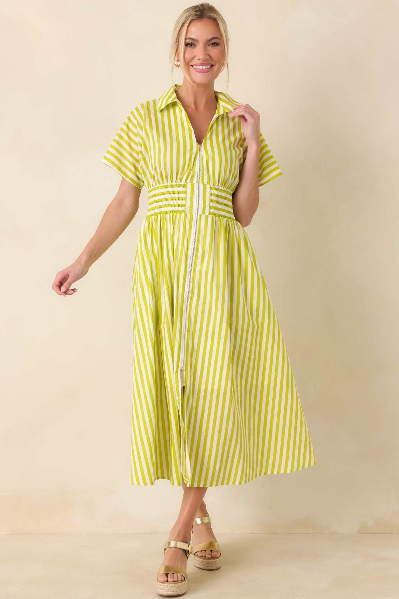 Put It in Motion Chartreuse Green Stripe Cotton Midi Dress