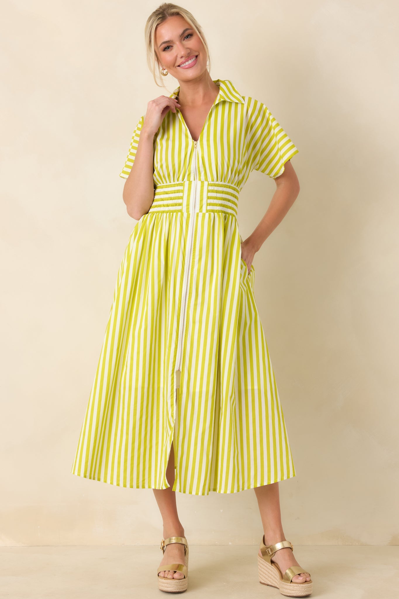 Put It in Motion Chartreuse Green Stripe Cotton Midi Dress