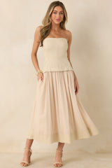 You Already Know Beige Cotton Bustier Bodice Strapless Midi Dress