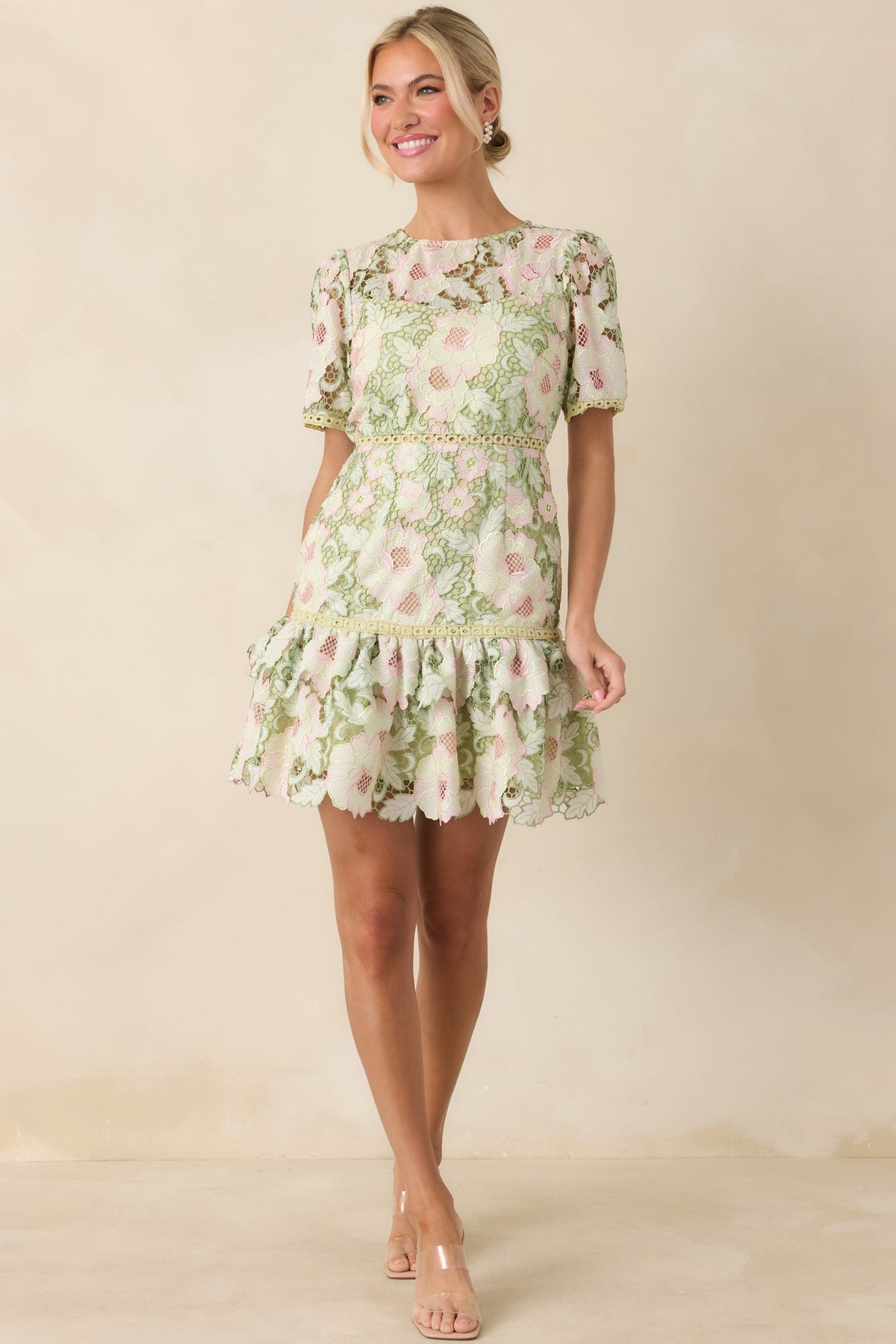 Petal Poetry Green & Pink Floral Lace Ruffle Mini Dress
