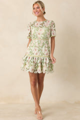 Petal Poetry Green & Pink Floral Lace Ruffle Mini Dress