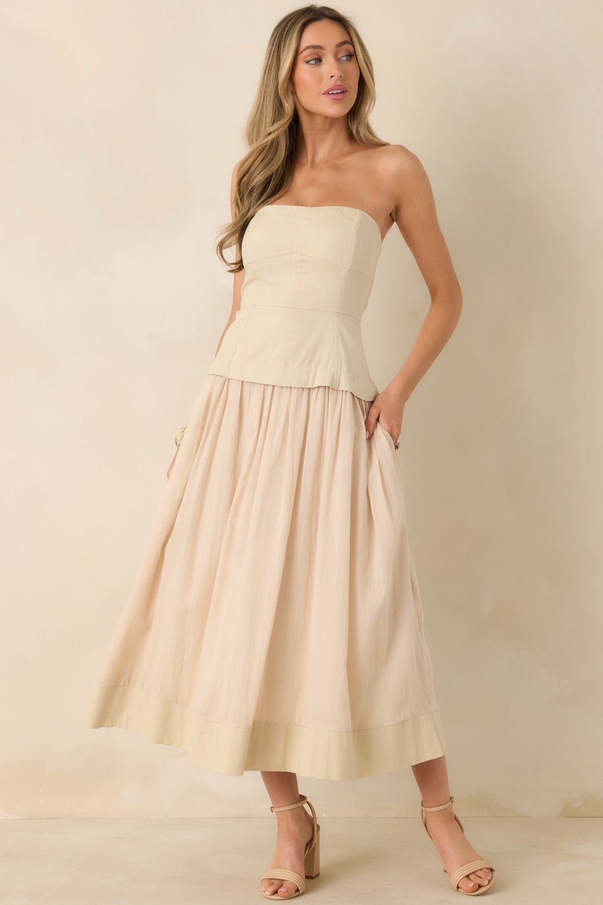 You Already Know Beige Cotton Bustier Bodice Strapless Midi Dress