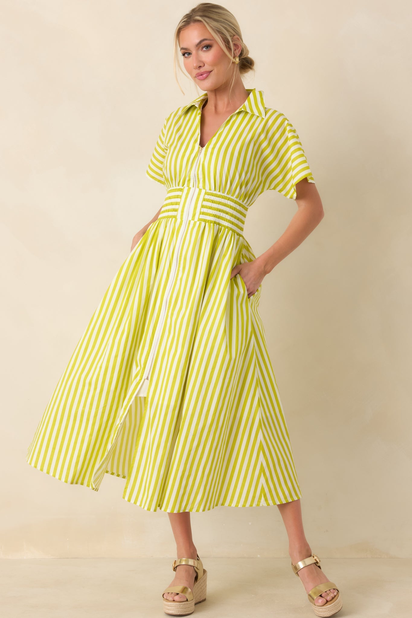 Put It in Motion Chartreuse Green Stripe Cotton Midi Dress
