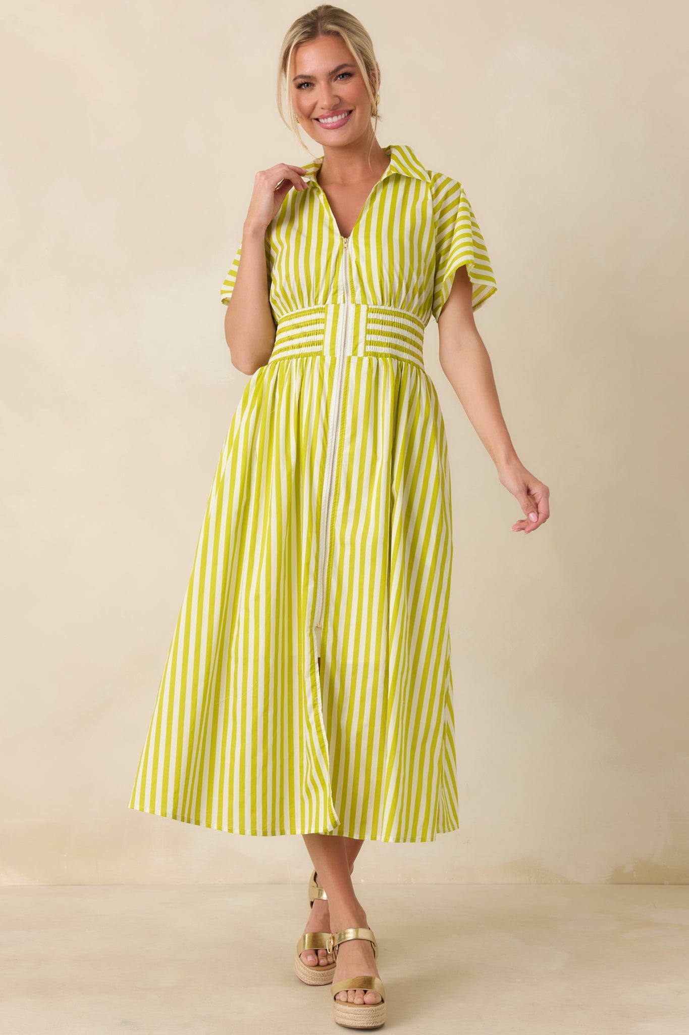 Put It in Motion Chartreuse Green Stripe Cotton Midi Dress