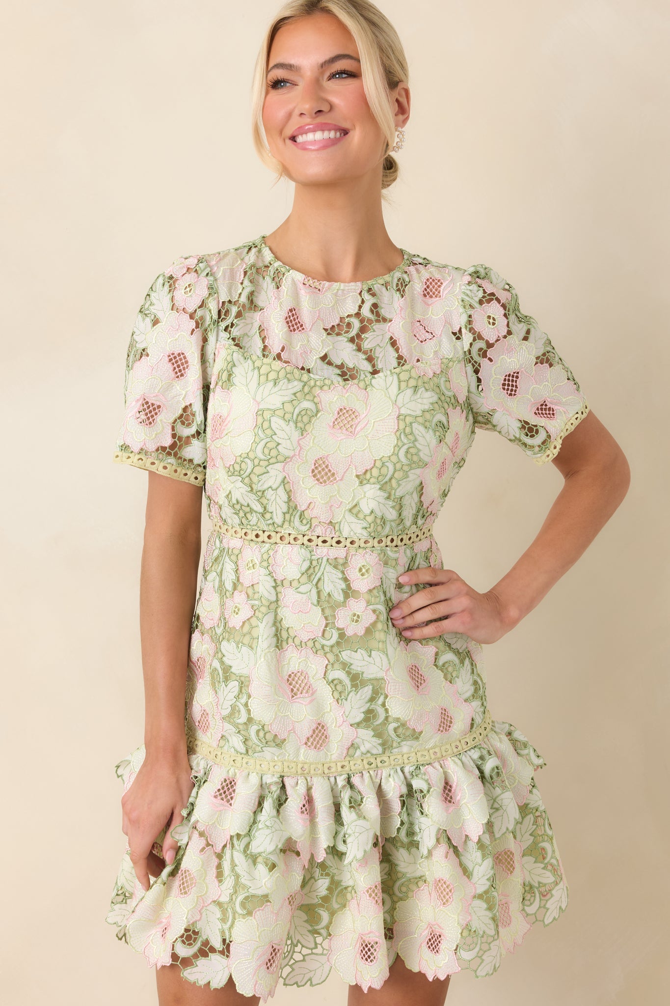 Petal Poetry Green & Pink Floral Lace Ruffle Mini Dress