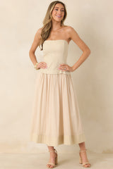 You Already Know Beige Cotton Bustier Bodice Strapless Midi Dress