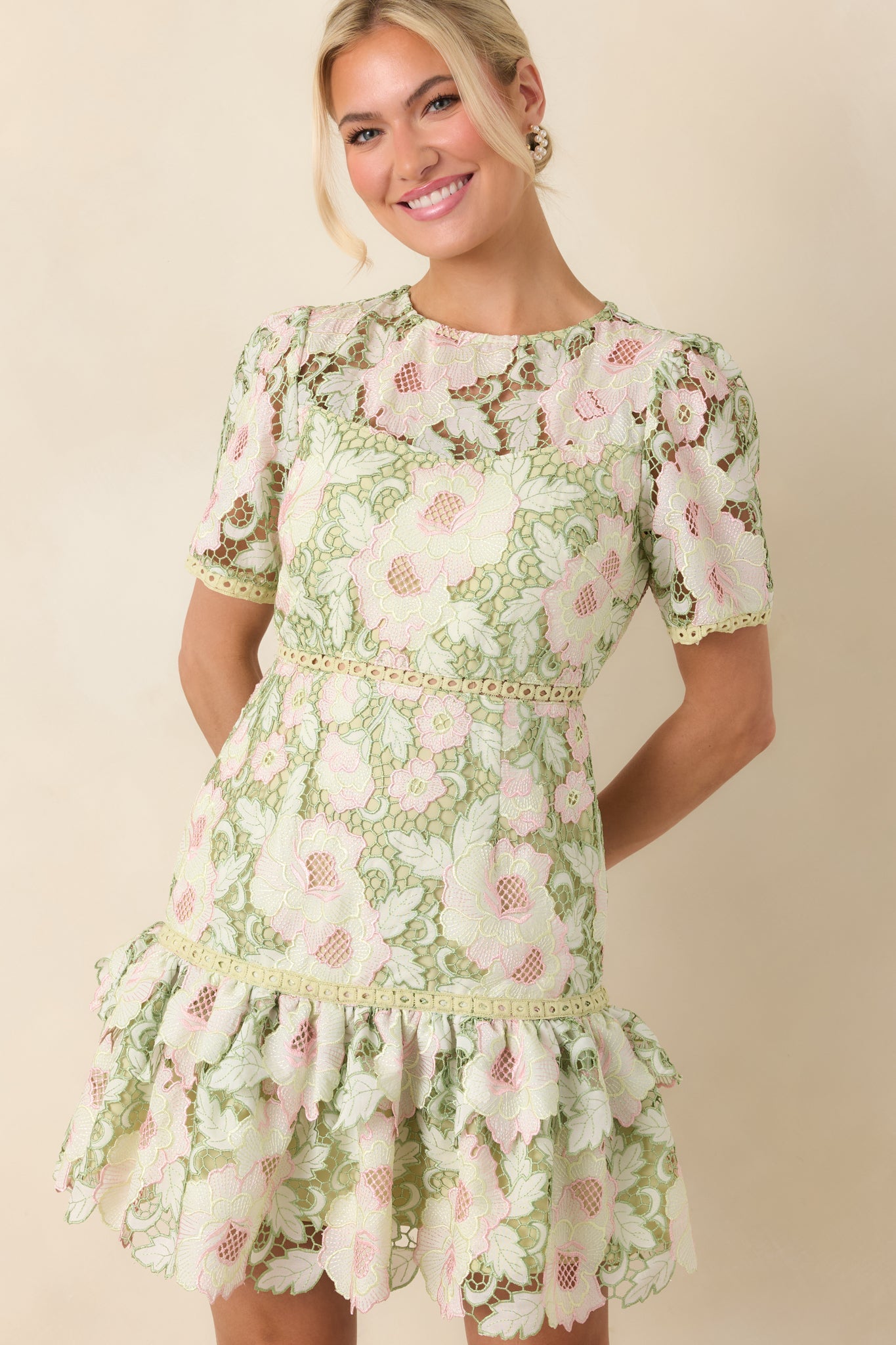 Petal Poetry Green & Pink Floral Lace Ruffle Mini Dress