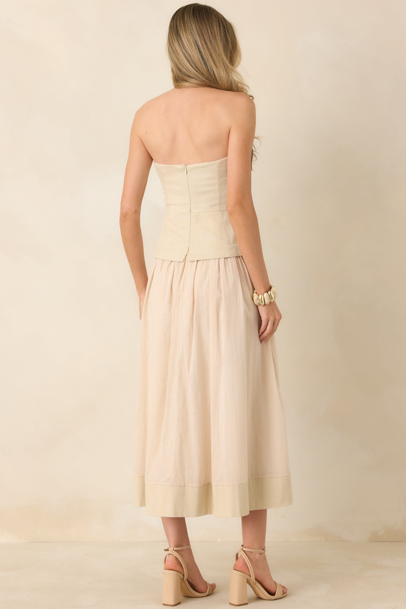 You Already Know Beige Cotton Bustier Bodice Strapless Midi Dress