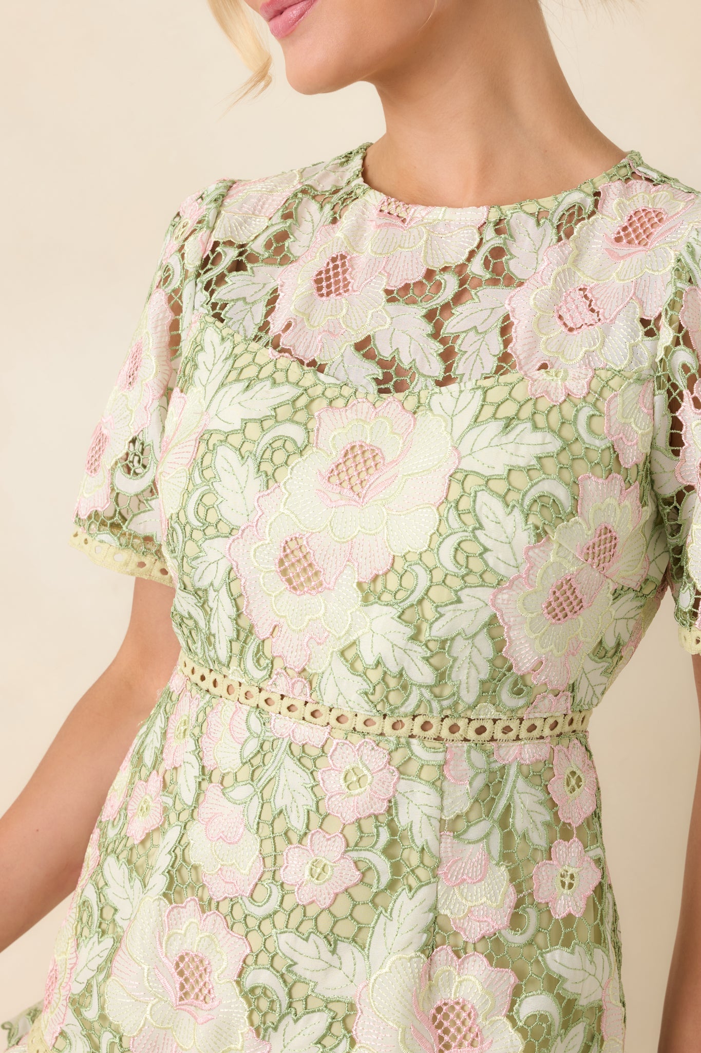 Petal Poetry Green & Pink Floral Lace Ruffle Mini Dress