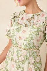 Petal Poetry Green & Pink Floral Lace Ruffle Mini Dress