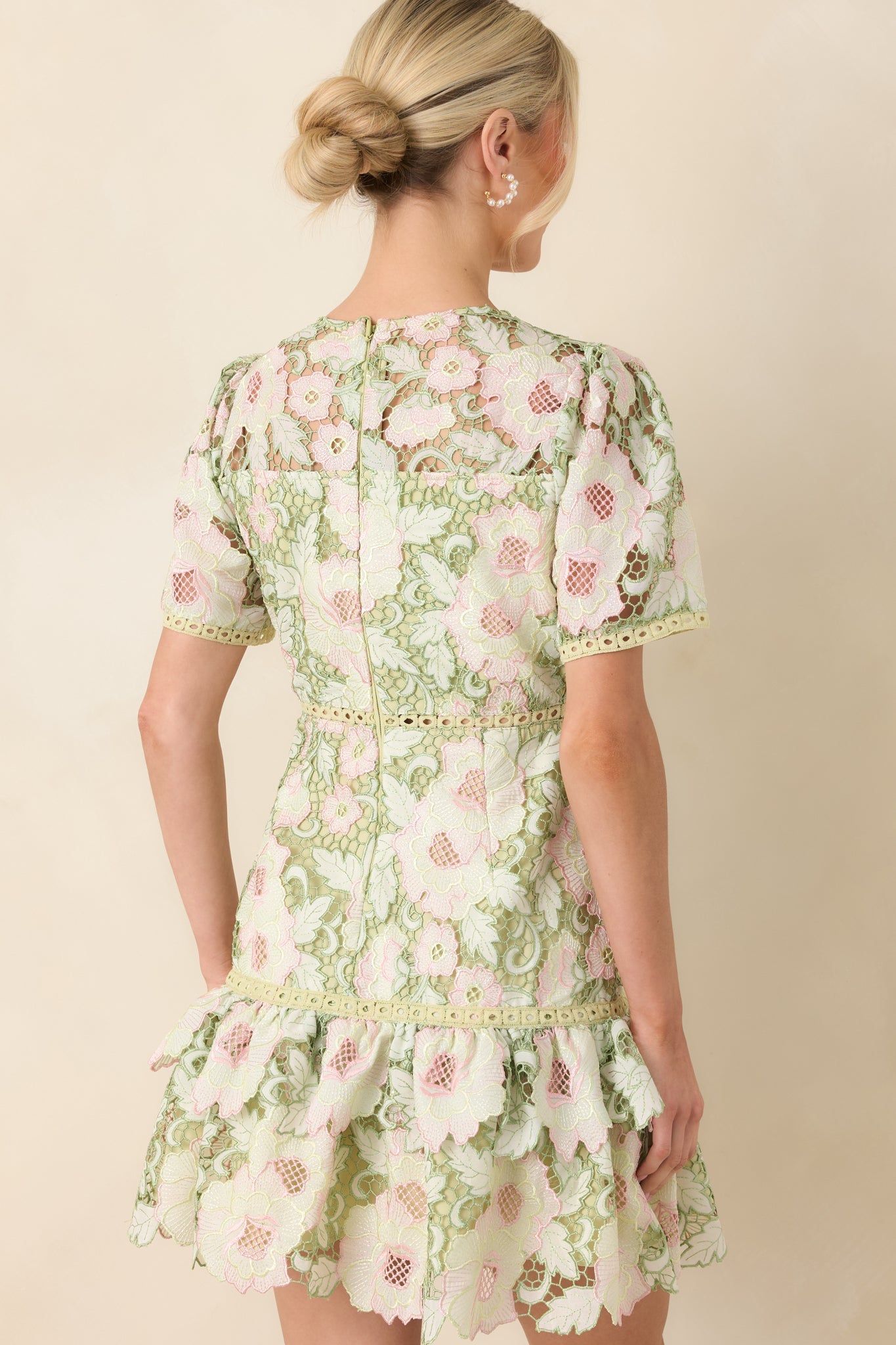 Petal Poetry Green & Pink Floral Lace Ruffle Mini Dress