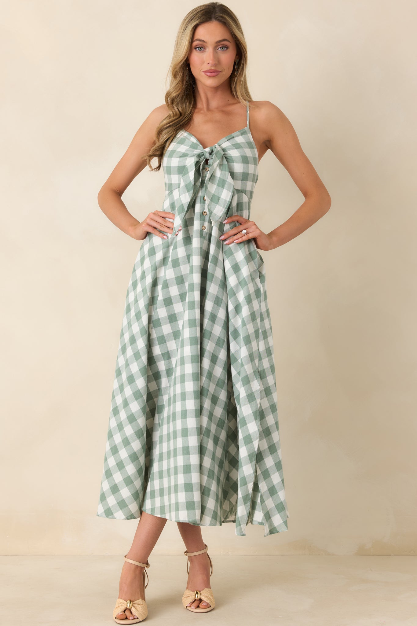 Meet Me in the Meadow Green Checked Cotton Lace Back Midi Dress